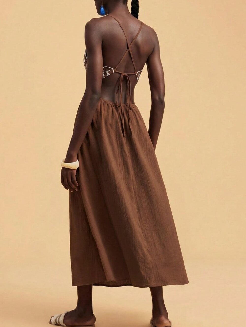 Brown Boho Women's Backless Camisole Dress with Embroidery - Picture 2 of 7